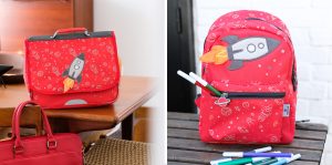 Cartable 35 cm et mini sac à dos rouges pour la maternelle avec motif fusée en matière peluche